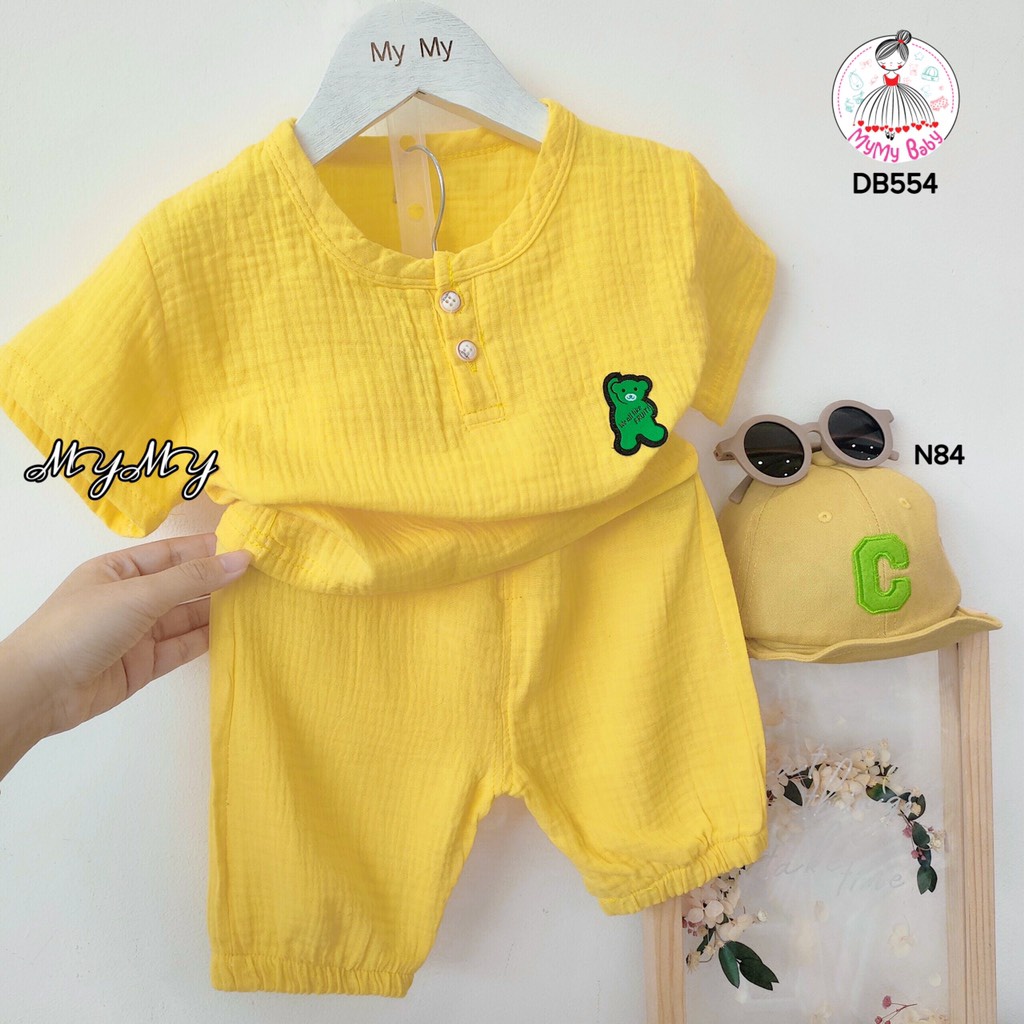 Đồ bộ vàng gấu xanh chất liệu vải xô cao cấp, hình thêu tỉ mỉ