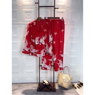 Pijama lụa mango chim hạc đen đỏ tay dài quần dài - Bộ lụa mặc nhà chất mát