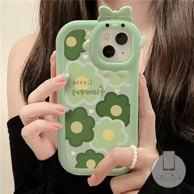 Realme C31 C25Y C25s C30 C35 C25 C12 C11 C17 C21 C15 C20A C11 2021 C21Y 9i 6i 7i 5i C3 C2 C20 5s 5 Lovely 3D Bow-knot Little Monster Lens Fresh Green Flowers Shockproof Soft Case