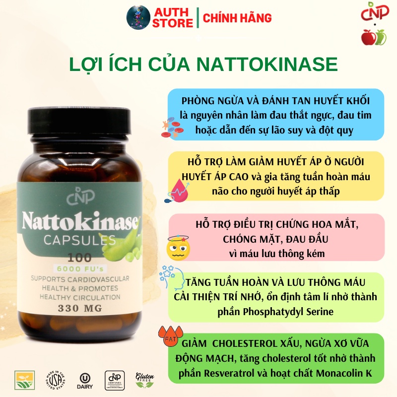 Nattokinase 6000 FU's 570mg 100v hỗ trợ hệ tim mạch,tuần hoàn ngăn ngừa đột quỵ CNP