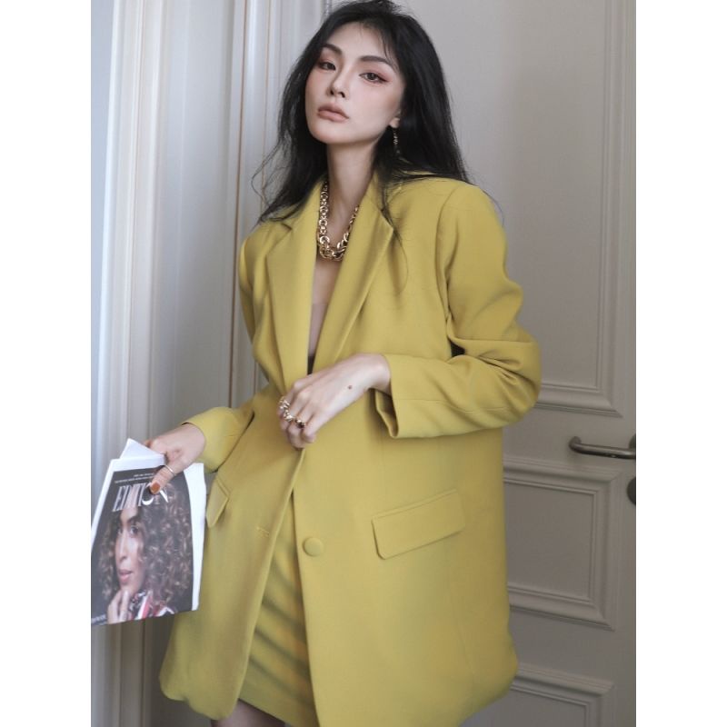 Phong Cách mới!Bộ Áo Vest + Chân Váy Ngắn Màu Vàng Mù Tạt Phong Cách Thời Trang Công Sở Mùa Thu 2022 Mới