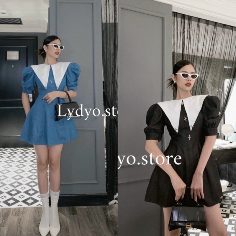 Váy bò cổ nhọn, dáng xoè thiết kế