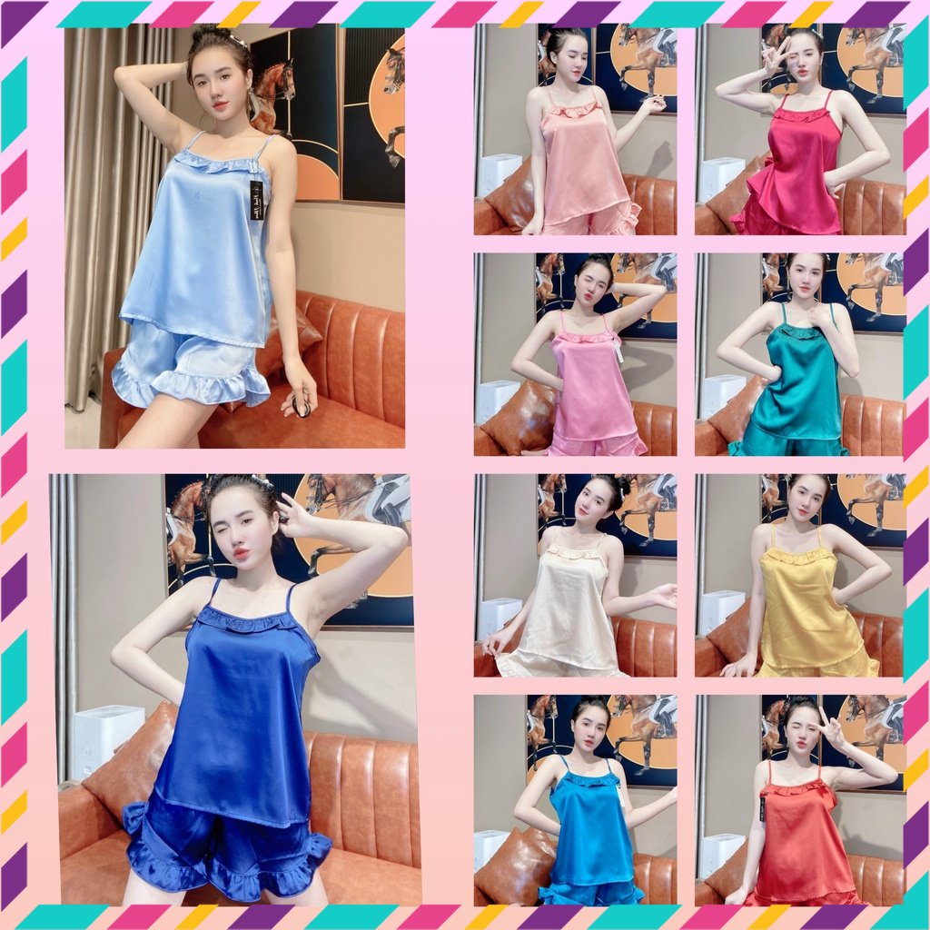 Đồ ngủ quần đùi sexy, đồ ngủ 2 dây viền bèo, bộ ngủ lụa chất satin mềm - cn61