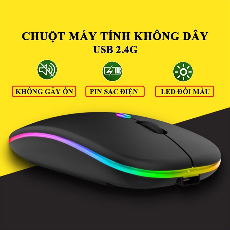 Chuột không dây A2 thiết kế thon gọn, không tạo tiếng ồn, pin sạc dùng cực trâu, Led 7 màu sinh động - Barlow Store