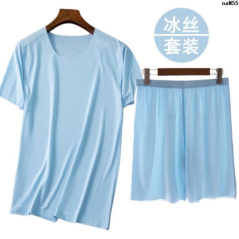 Bộ Đồ Ngủ Áo Thun Tay Ngắn Cổ Tròn Phối Quần Short Vải Lụa Lạnh Mỏng Nhanh Khô Thời Trang Cho Nam