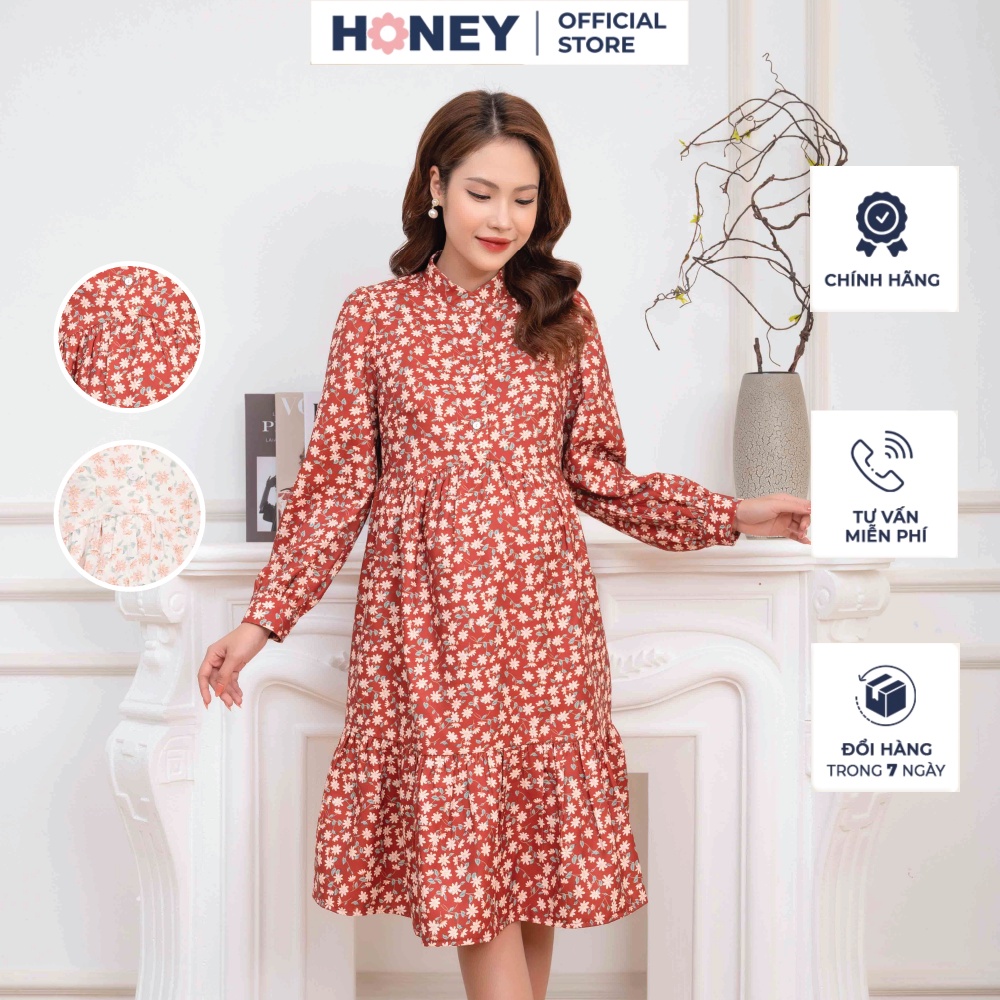 Váy đầm bầu thiết kế công sở cổ trụ tay dài dáng babydoll - thời trang bà bầu cao cấp Honey
