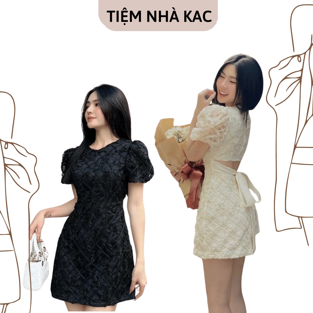 Đen/Nude/Trắng Đầm Xòe Chữ A Ngắn Váy Ren Hoa Cổ Tròn Tay Phồng Cutout Lưng Thắc Nơ, có sẵn TIỆM NHÀ KAC
