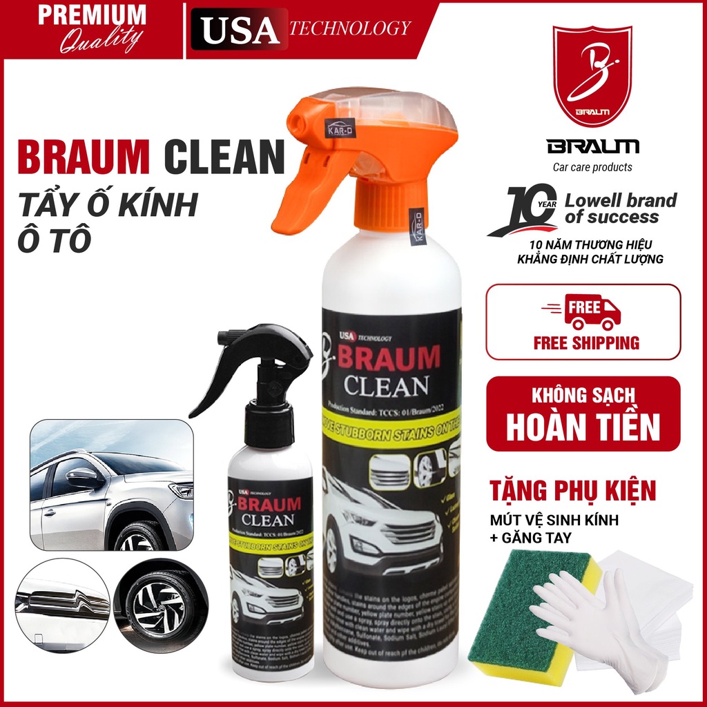 Tẩy Cặn Canxi Kính Ô Tô, Ố Vảy Cá, Ố Cầu Vồng Kính Ô Tô Cao Cấp - Braum Clean