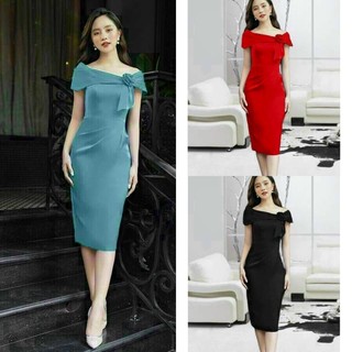Đầm ôm body trễ vai bông ngực nơ hàng thiết kế sang trọng TẶNG KÈM HOA TAI THỜI TRANG