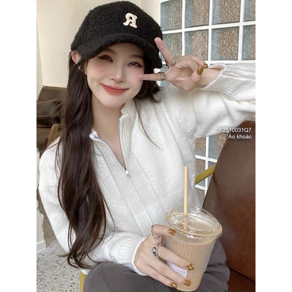 Áo khoác len cổ tròn kéo khóa tay dài không có nón!