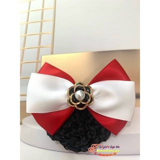 Kẹp tóc handmade đỏ trắng đính hoa đen