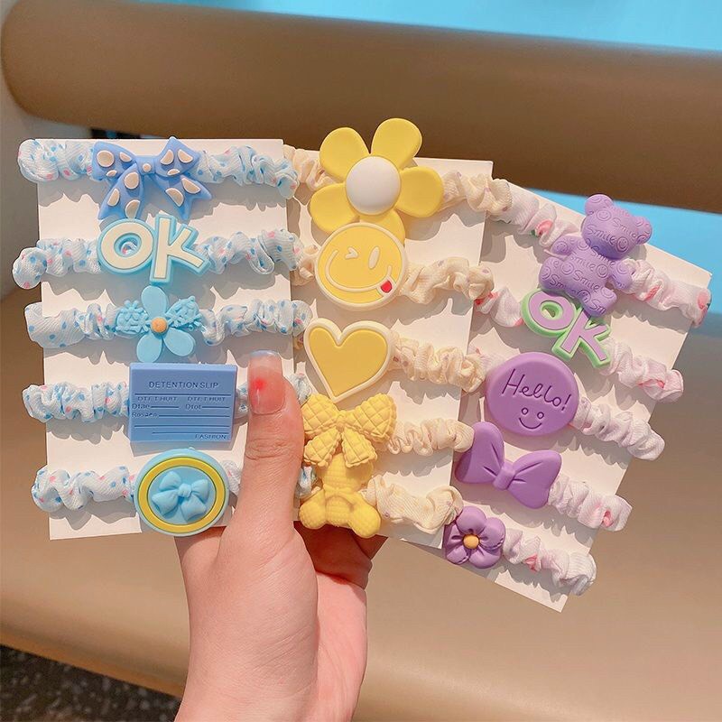 Set 5 dây cột tóc voan hoa gắn hình cho bé scrunchies hoa