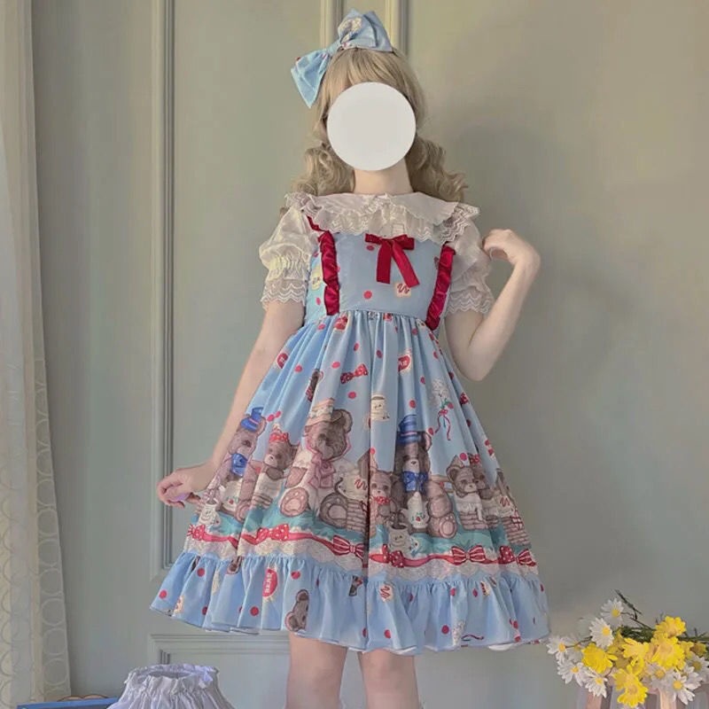 Đầm Hai Dây Họa Tiết Gấu Dễ Thương Phong Cách Lolita