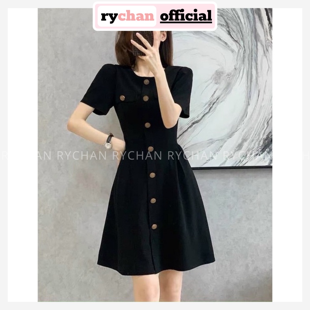 Đầm Nữ Đi Tiệc Dáng Ngắn Xòe Đính Cúc Trước Siêu Xinh, Đầm Thiết Kế Cổ Tròn Tay Ngắn Sành Điệu Màu Đen-DX414