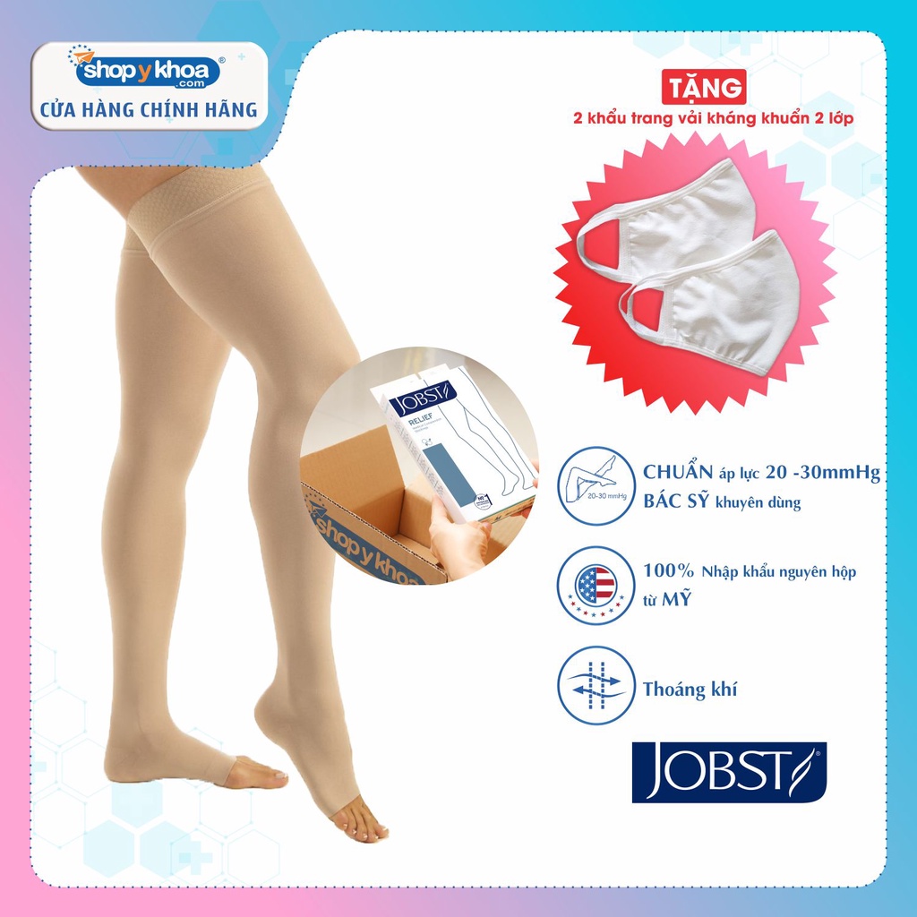 Vớ y khoa đùi silicone JOBST Relief - Cơ bản màu da, hở ngón, 20-30mmHg, giãn tĩnh mạch chân (tất y khoa)
