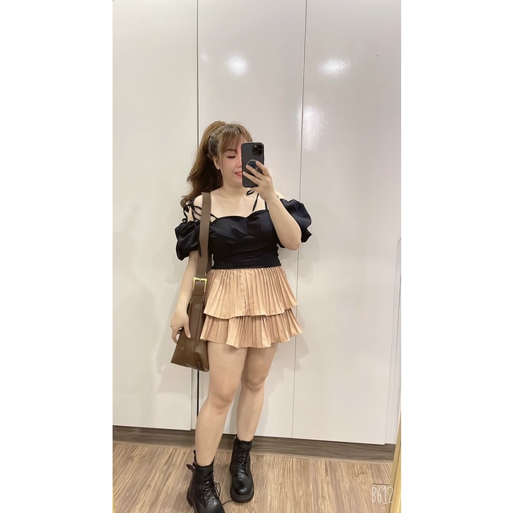 Sét áo 2 dây trễ vai tay phòng kèm chân váy xếp ly 2 tầng bigsize Kim Ngân từ 50kg đến 100kg (M/L/XL/XXL) (sét bộ)