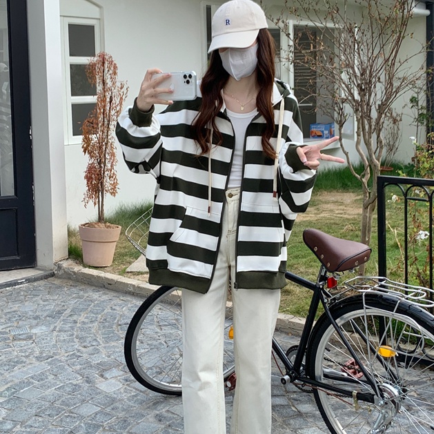 Áo hoodie SUXI tay dài dáng rộng kẻ sọc thời trang mùa thu cho nữ