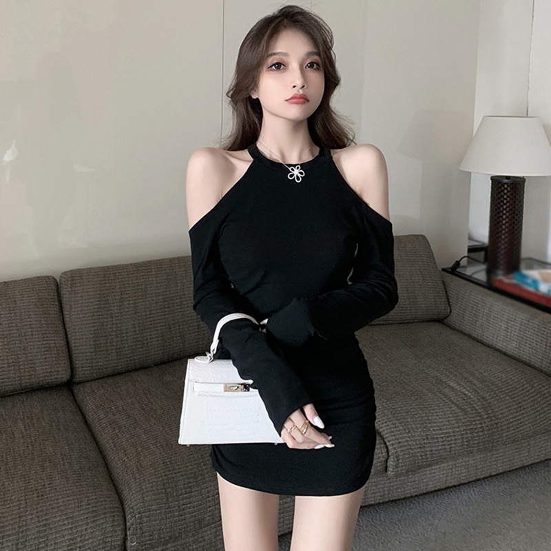 Đầm Trễ Vai Tay Dài Dáng Ôm Eo Cao Phong Cách Hàn Quốc Quyến Rũ Dành Cho Nữ