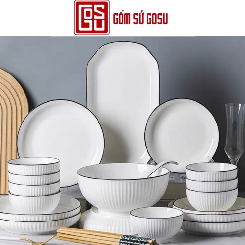 Bộ Bát Đĩa Tô Sứ GoSu Màu Trắng Viền Đen Cao Cấp Sáng Đẹp An Toàn Sức Khỏe