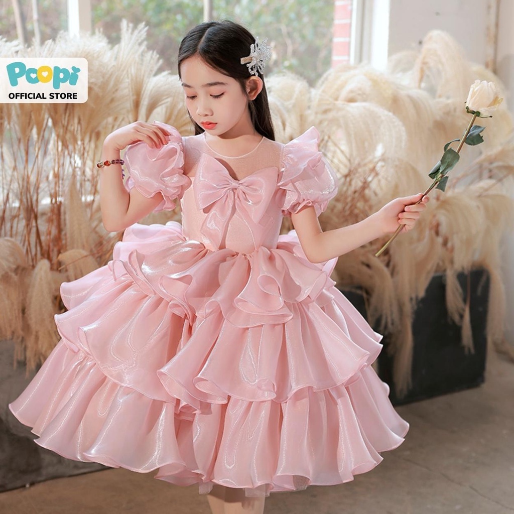 Váy Công Chúa Bé Gái Poopi Thiết Kế 3 Tầng Màu Hồng, Đầm Bé Gái Dự Tiệc Xinh Đẹp