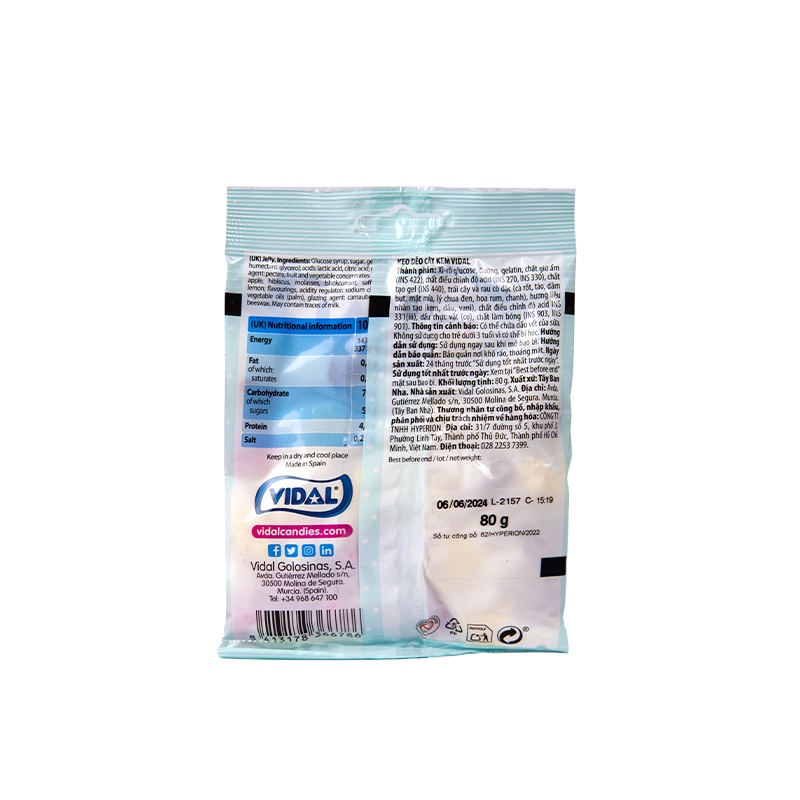 Gói kẹo dẻo trái cây hình cây kem dễ thương Vidal Tây Ban Nha 80g