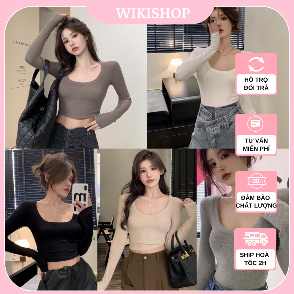 Áo croptop dài tay, áo thun nữ cổ vuông dáng lửng phom ôm body sexy hở eo freesize hàn quốc đi chơi Wikishop C1112