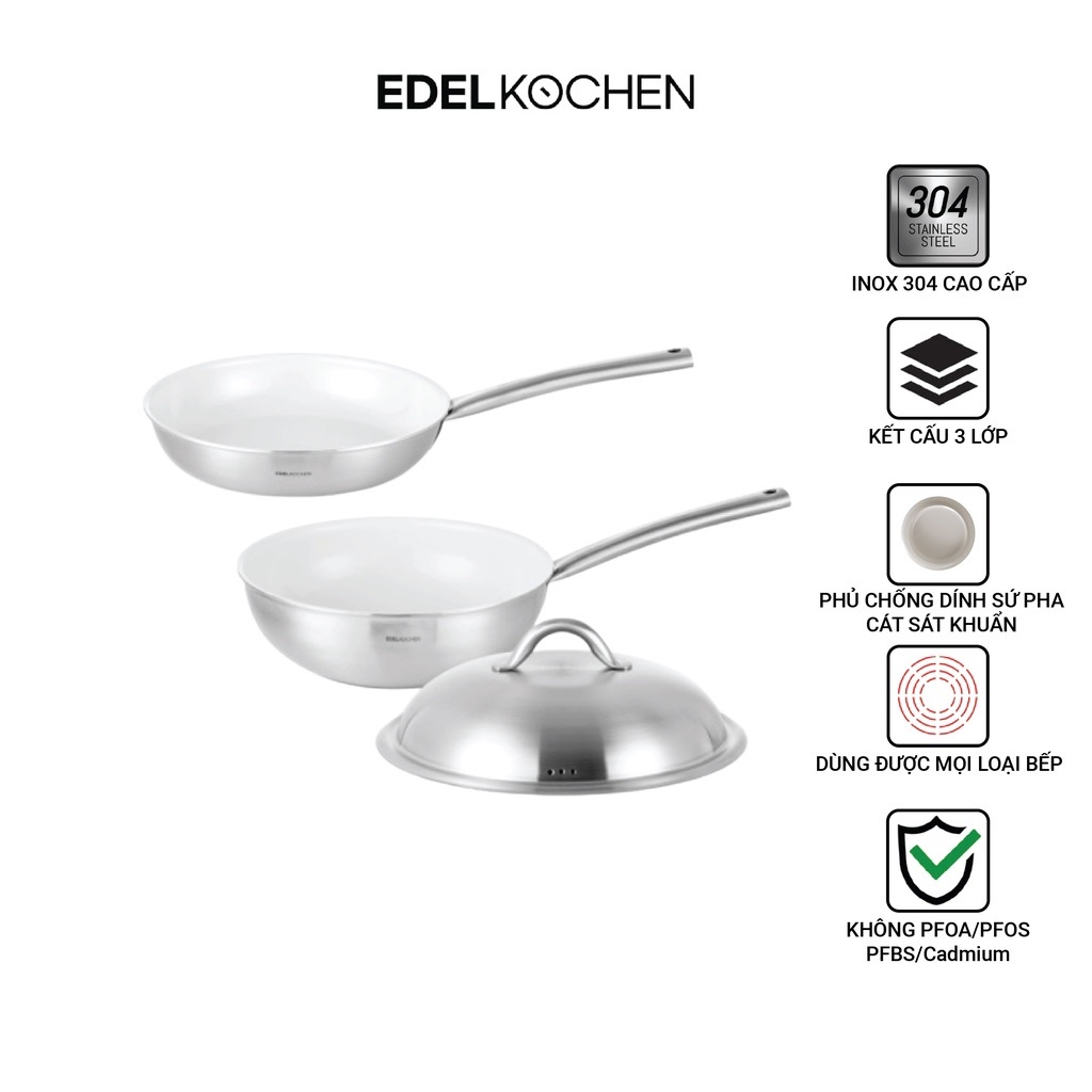 Chảo inox chống dính bếp từ Edelkochen 3 lớp Easy Prism màu Cream - Size 24/28cm