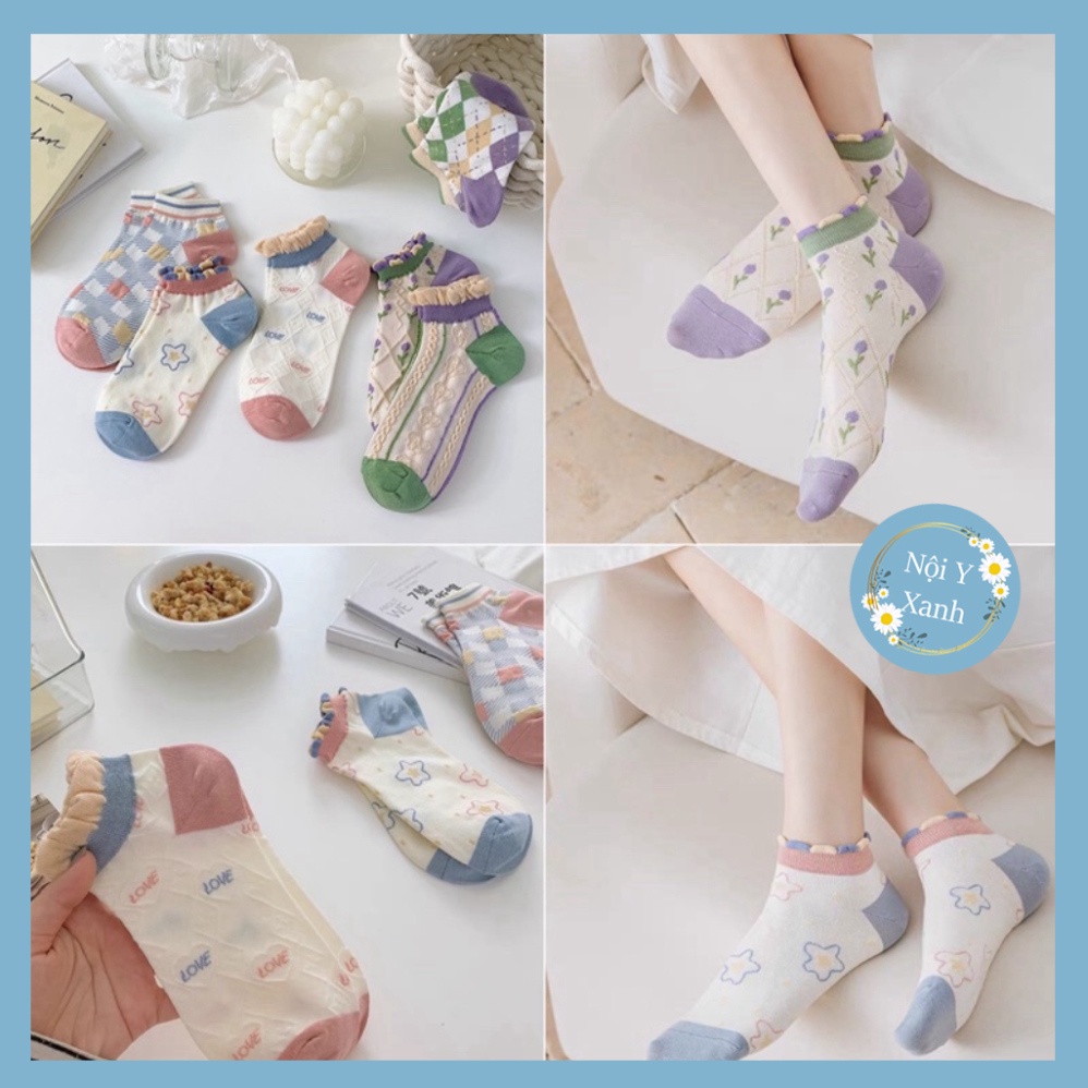 Tất vớ nữ thổ cẩm cổ bèo vật liệu vải Hàn giãn nở bốn chiều,họa tiết kute phong thái hiện đại nội y xanh, chất ấm, thoán