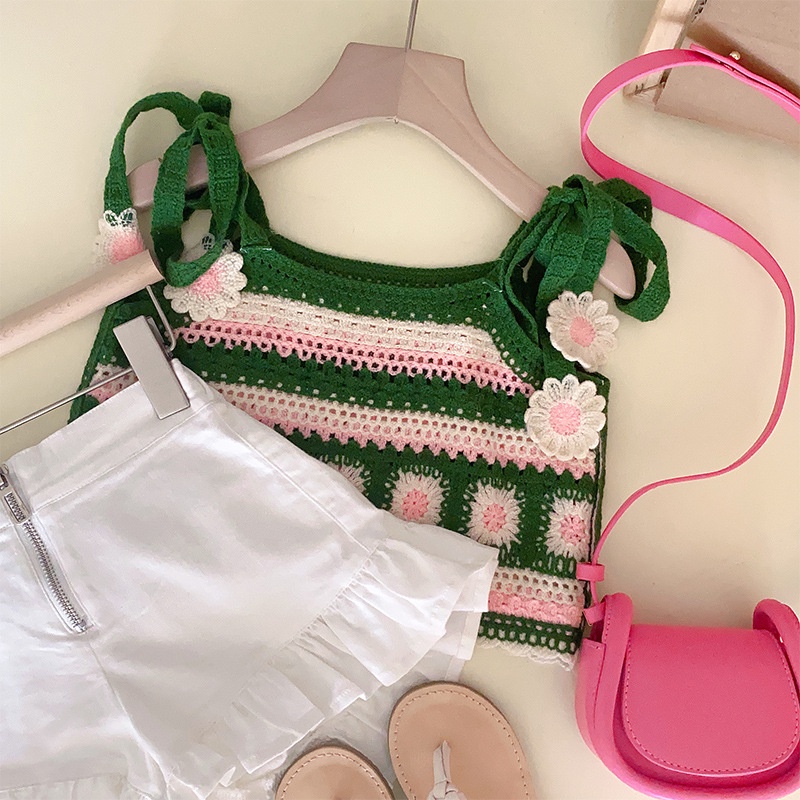 Set Áo Hai Dây + Quần Short Denim Dệt Kim Phong Cách Hàn Quốc Thời Trang Mùa Hè Cho Bé Gái