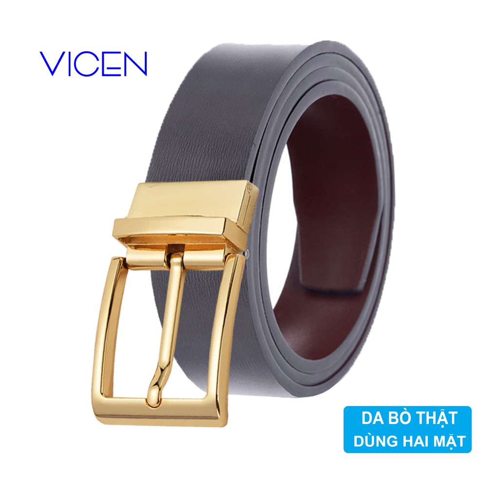 Thắt Lưng Nam Da Bò Thật Cao Cấp VICENZO Khóa Hợp Kim Đúc Dây Dùng Hai Mặt Nâu/Đe, Dây Thắt Lưng Nam Da Bò Thật Khóa Kim