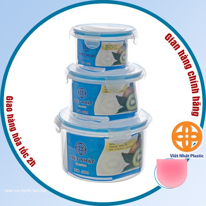 Bộ 3 hộp bảo quản thực phẩm Việt Nhật hộp tròn có nắp gài đựng thức ăn an toàn tiện dụng (MS 6536) -Buôn rẻ 01232