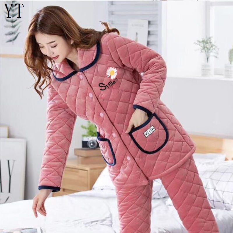 Bộ Đồ Ngủ Ba Lớp Bằng Lông Cừu San Hô Dày Dặn Giữ Ấm Mùa Đông Cho Nữ