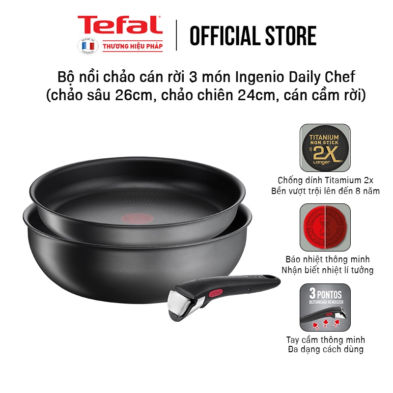 Bộ nồi chảo cán rời 3 món Ingenio Daily Chef  (chảo sâu 26cm, chảo chiên 24cm, cán cầm rời) (8 năm)