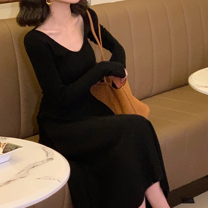 Đầm midi nữ SUXI dệt kim cổ V ôm dáng eo cao thời trang mùa thu