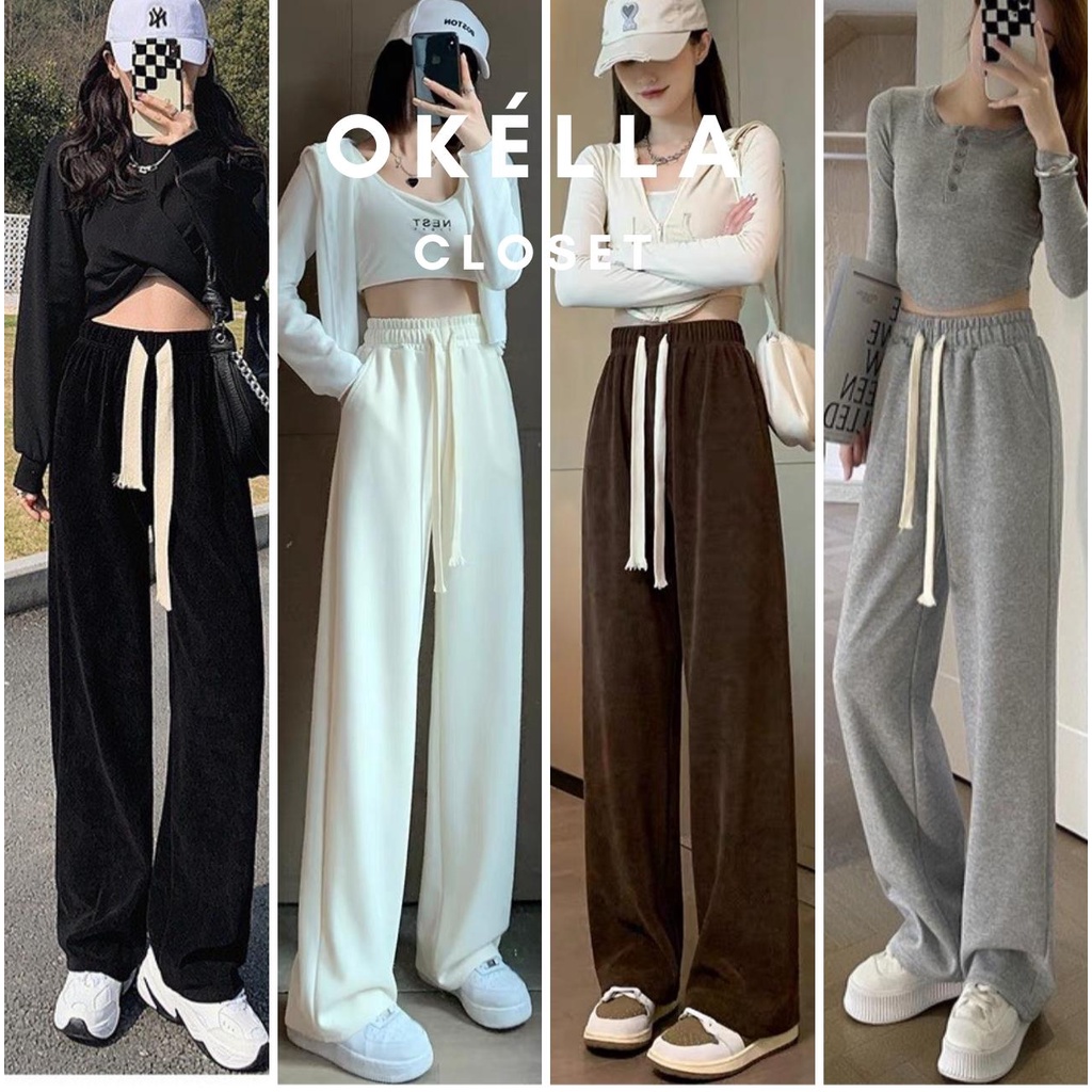 Quần nỉ ống rộng Ulzzang Unisex 5 màu, Quần culottes nữ ống suông chất nhung tăm dày dặn Okélla