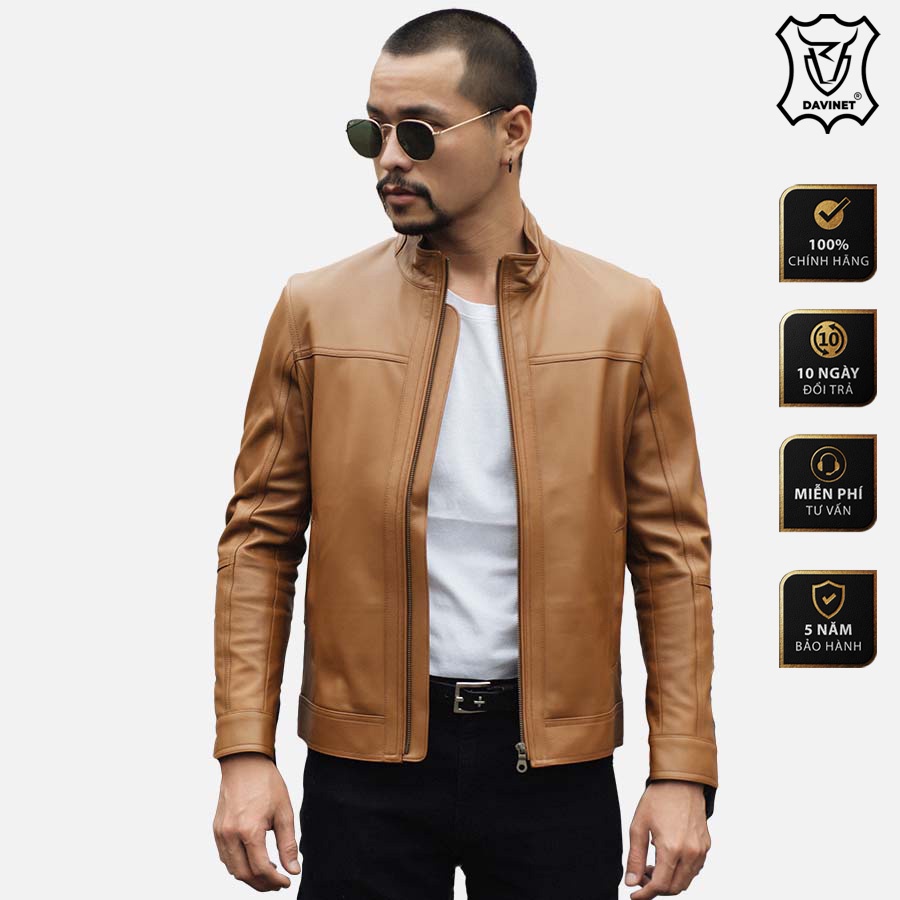 Áo Khoác Da Xịn racer nam DAVINET Am21-09, Da Thật, Mềm Nhẹ, Siêu Rẻ, Bảo Hành 5 Năm