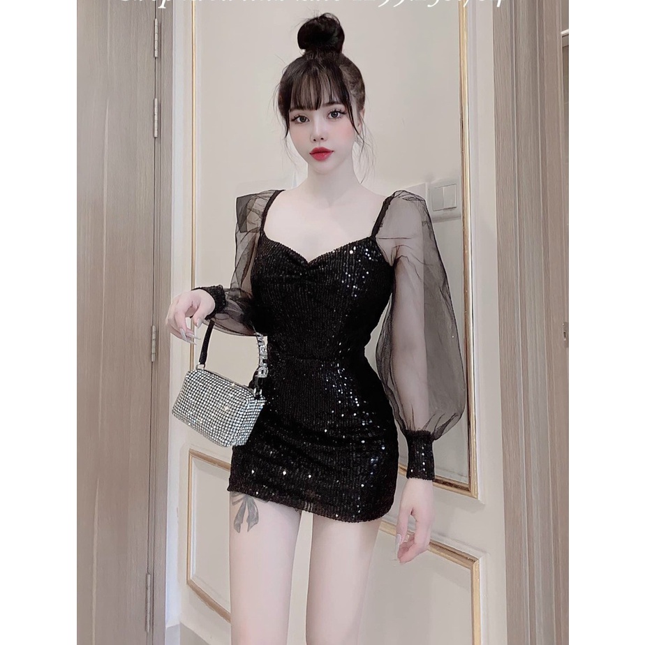 Váy đầm nữ body cổ vuông tay ngắn trẻ trung.Váy đầm nữ dự tiệc kim sa ôm body phối voan xinh xắn dễ thương đơn giản như
