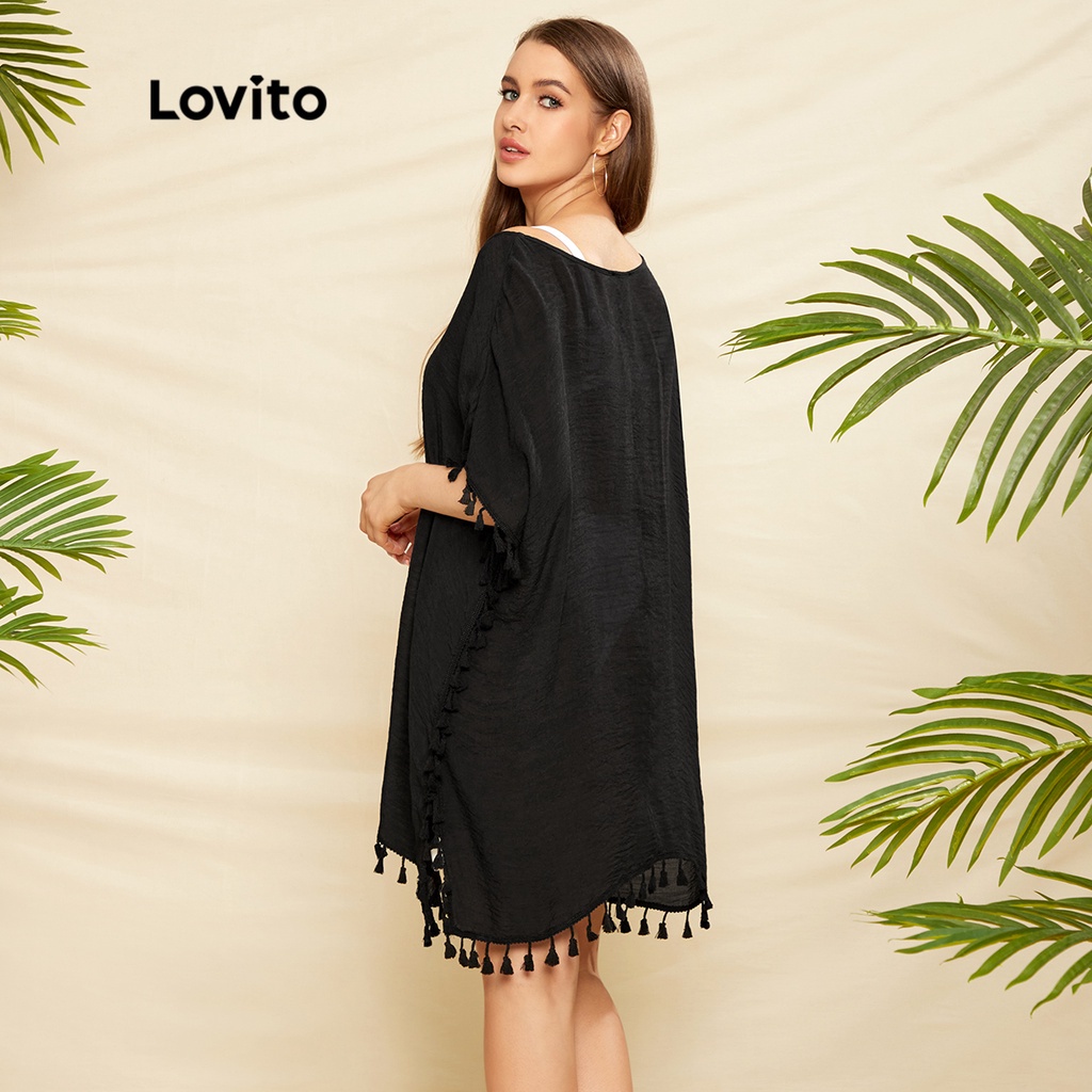 Lovito sexy Áo khoác nữ có tua rua trơn L33AD042 (Đen)