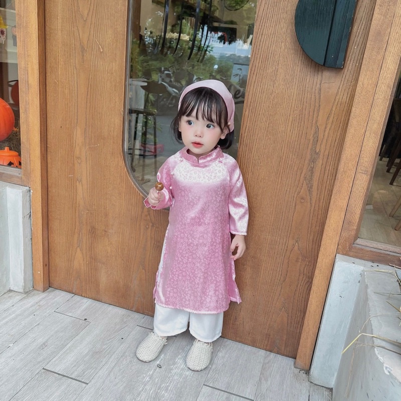 Bộ áo dài gấm xanh hồng bé gái