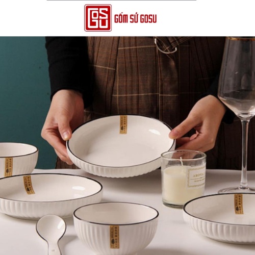 Bộ Bát Đĩa Tô Chất Liệu Gốm Sứ Thương Hiệu Gosu Trắng Viền Đen 31 Chi Tiết Sang Trọng
