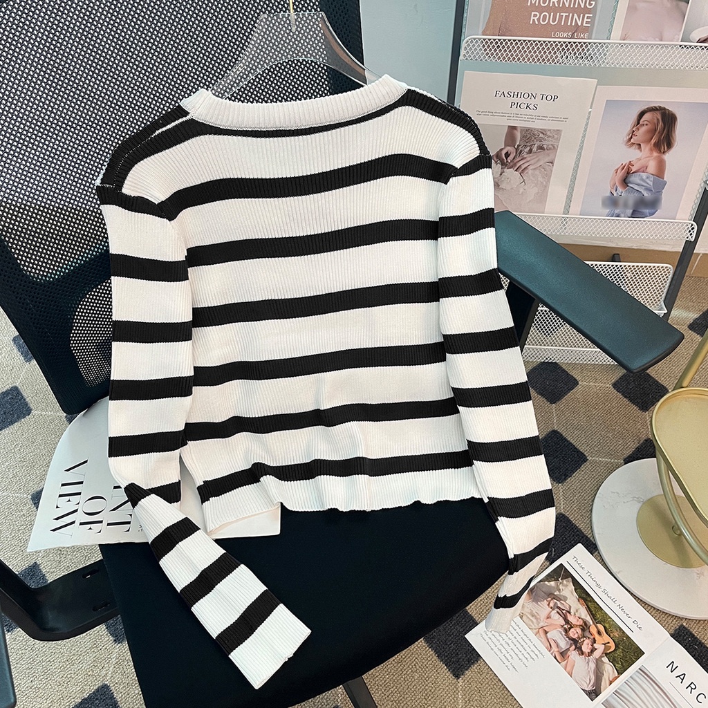 Áo Khoác Dệt Kim Mỏng Dáng Ôm Họa Tiết Kẻ Sọc Rỗng Thời Trang Mùa Thu Cho Nữ