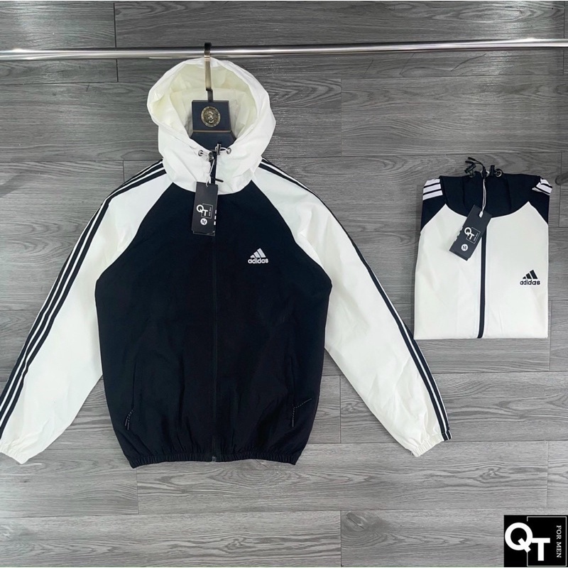 Áo khoác gió nam nữ 3 sọc adidas 2 lớp dầy dặn có mũ