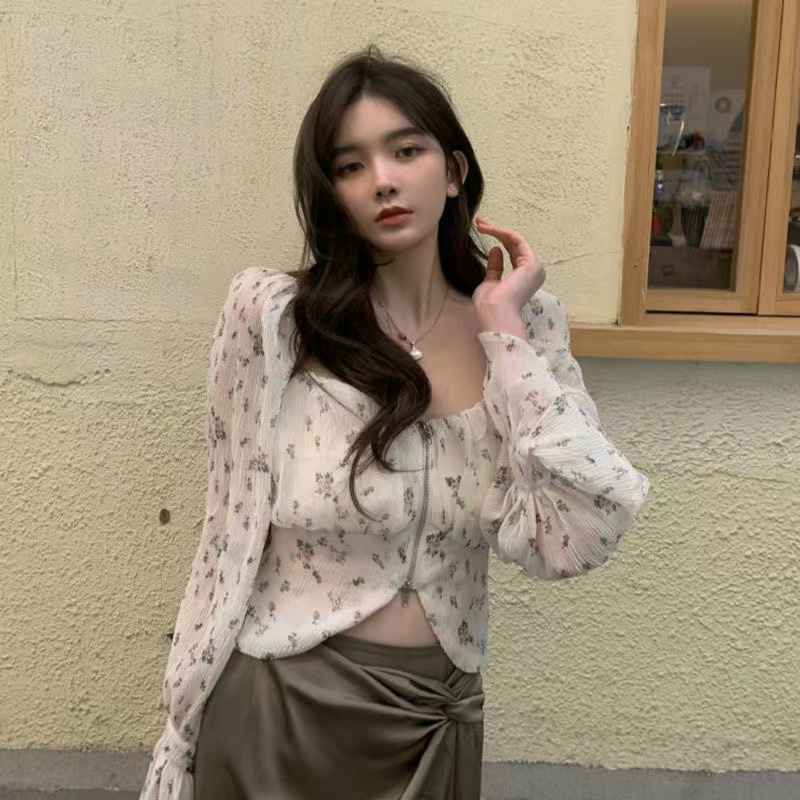 Áo Sơ Mi chiffon Tay Dài Cổ Chữ V In Họa Tiết Hoa Phong Cách Hàn Quốc Thời Trang Cho Nữ