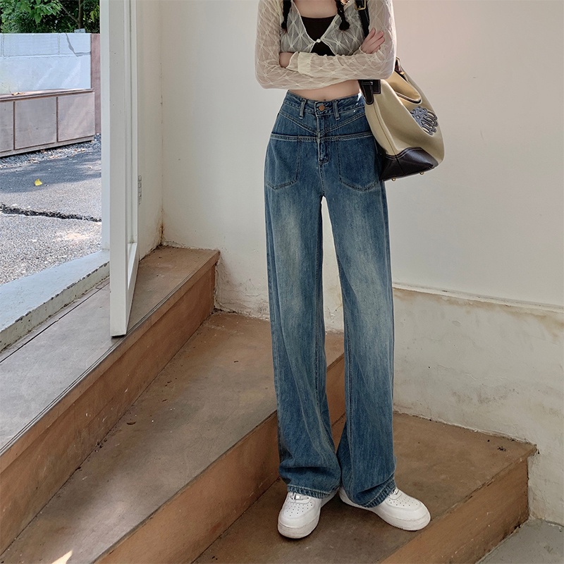 Quần jean dài SUXI lưng cao ống rộng phong cách cổ điển dành cho nữ