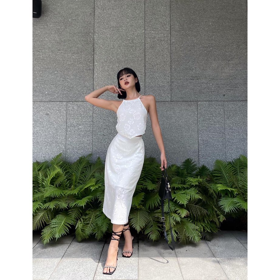 Chân váy midi lửng 2 lớp dáng suông thời trang GAGO màu trắng GO4138