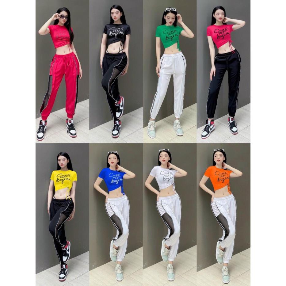 Đồ tập gym nữ bộ thể thao  tập gym, yoga, aerobic, chạy bộ gồm quần jogger dáng rộng và áo croptop cá tính 