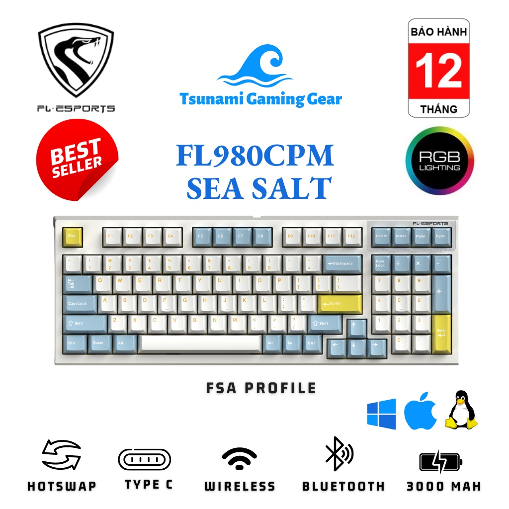 Bàn phím cơ FL-Esports FL980CPM Sea Salt | RGB | Bluetooth | Wireless 2.4Ghz | Hotswap | Kailh Box Switch