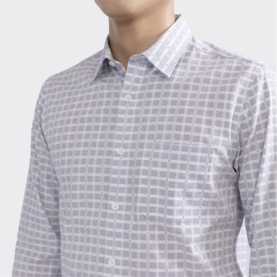 Áo sơ mi nam dài tay ARISTINO ALS06702 Somi công sở cao cấp màu trắng kẻ xám dệt dobby Vải sợi tre dáng suông có túi