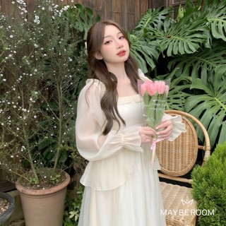 Váy voan be cổ vuông dài tay chiết eo xoè bồng cổ tích Chaerin dress Mayberoom