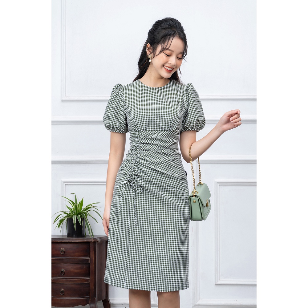 Váy Công Sở Thiết Kế LUPERI Cổ Tròn Thanh Lịch, Eo Cách Điệu, Chất Kẻ Hàn Cao Cấp LFV3275